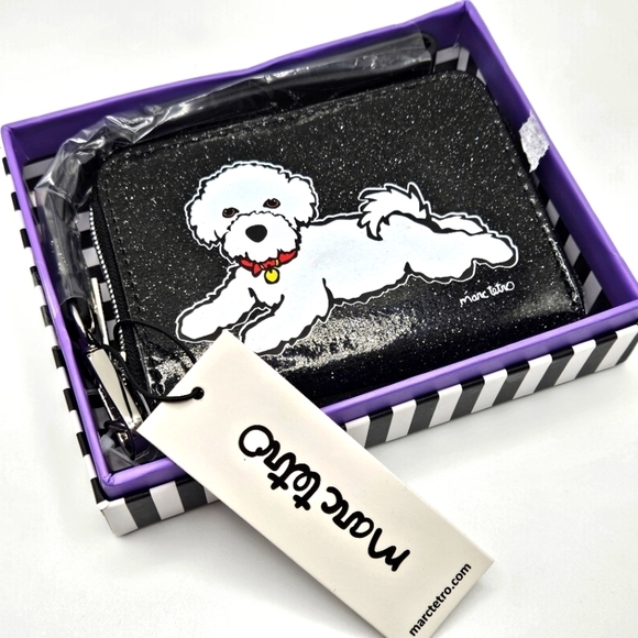 NEW Marc Tetro White Bichon Frise Dog Black Glitter Wristlet Wallet with Box - Picture 1 of 7